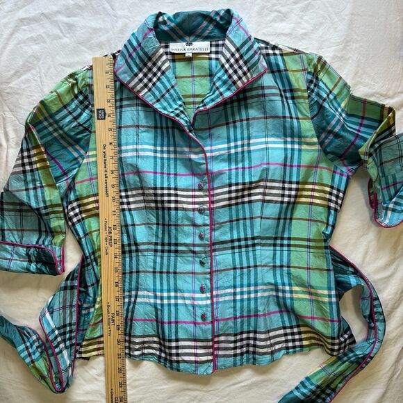 Marisa Baratelli 100% Thai Silk Tie Bow Waist Jacket Top Blouse Size 12 Plaid - Picture 13 of 14